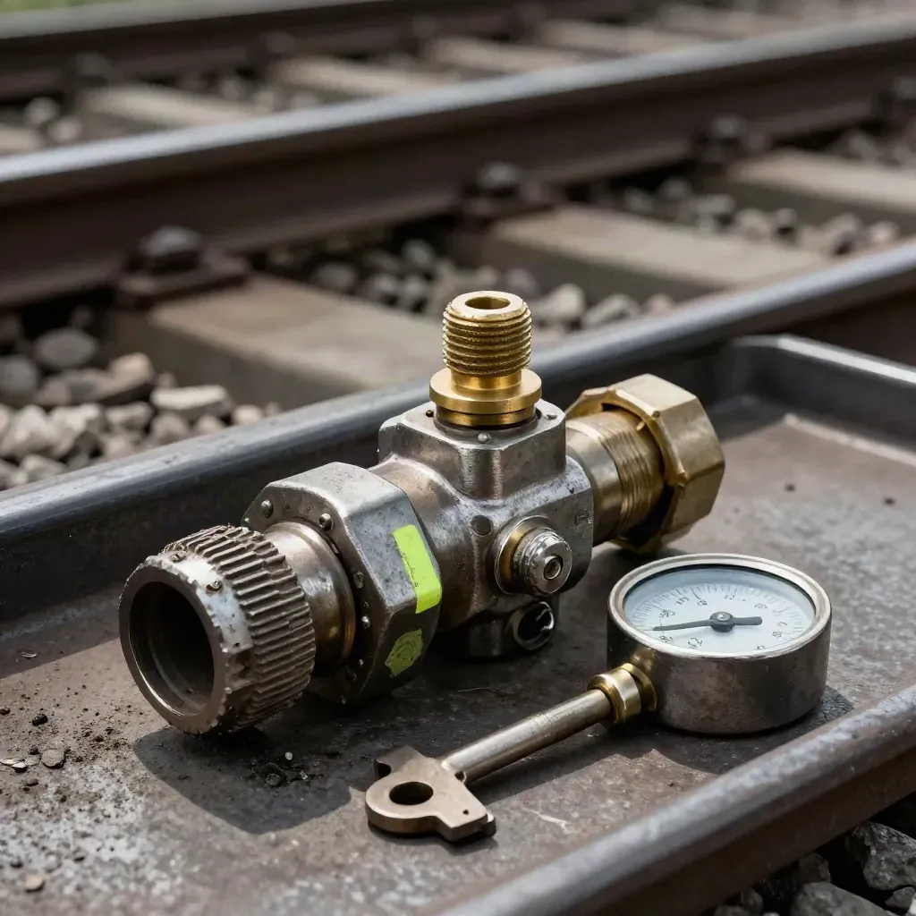 Roetige railkoppeling, messing ontluchtingsschroef en inspectiemeter naast ballastgrit bij een depot.