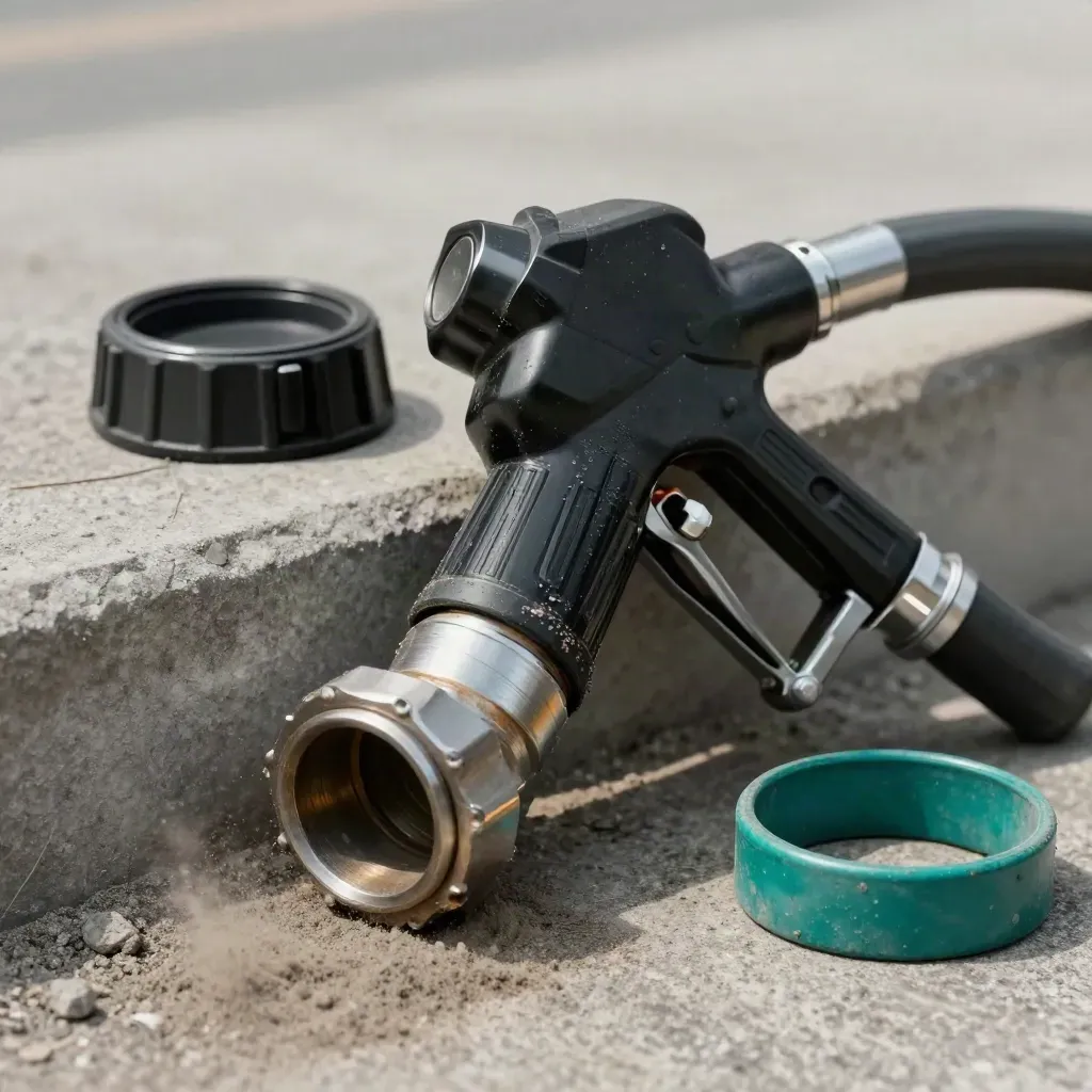 Dieselpistool, slangkoppeling en kap op ruw beton met zacht licht