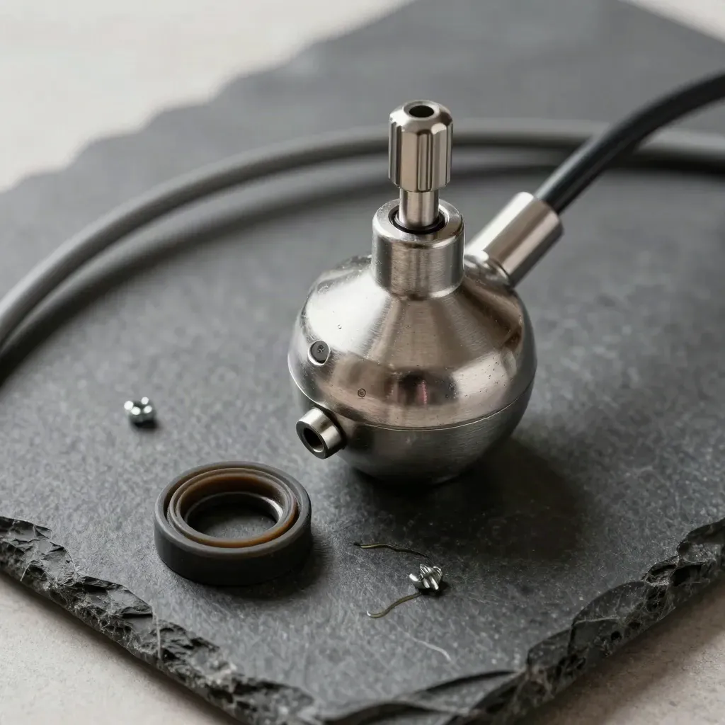 Stalen brandstofniveausensor met kabel en pakking op grafietsteen, van boven in close-up.