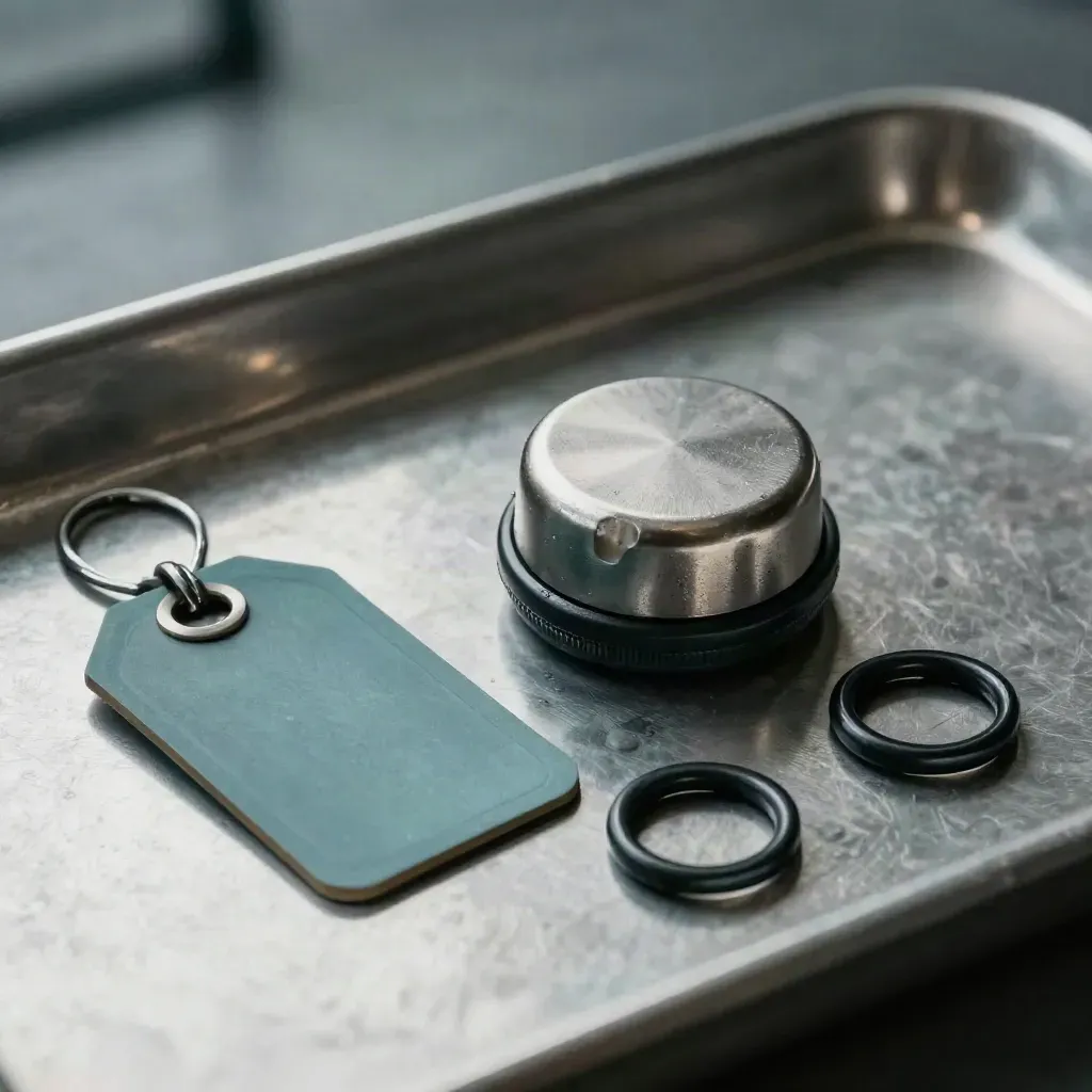 Bovenaanzicht van een brandstofdop, anodisatietag en twee O-ringen op geborsteld metaal.