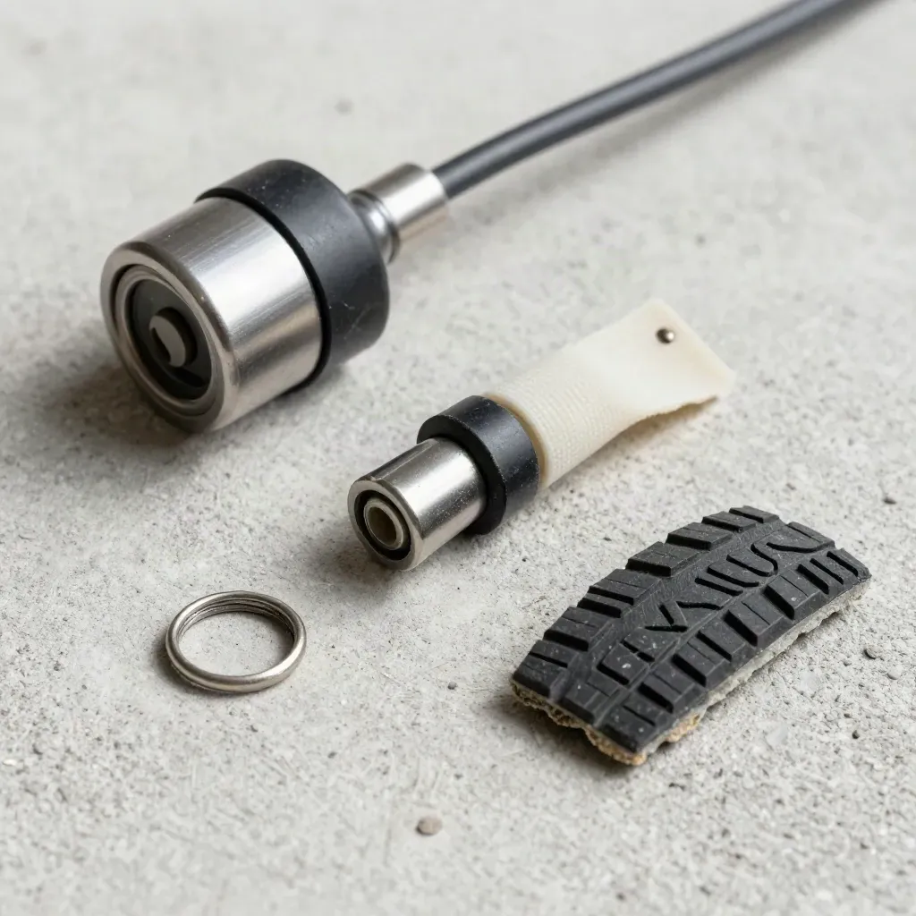 Wielsensor, kilometertellersnoer en versleten profielstrook op licht beton.