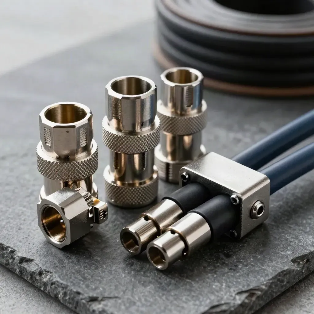 Macro van industriële connectoren en kabelkoppelingen op donkere steen met koele metaaltinten.
