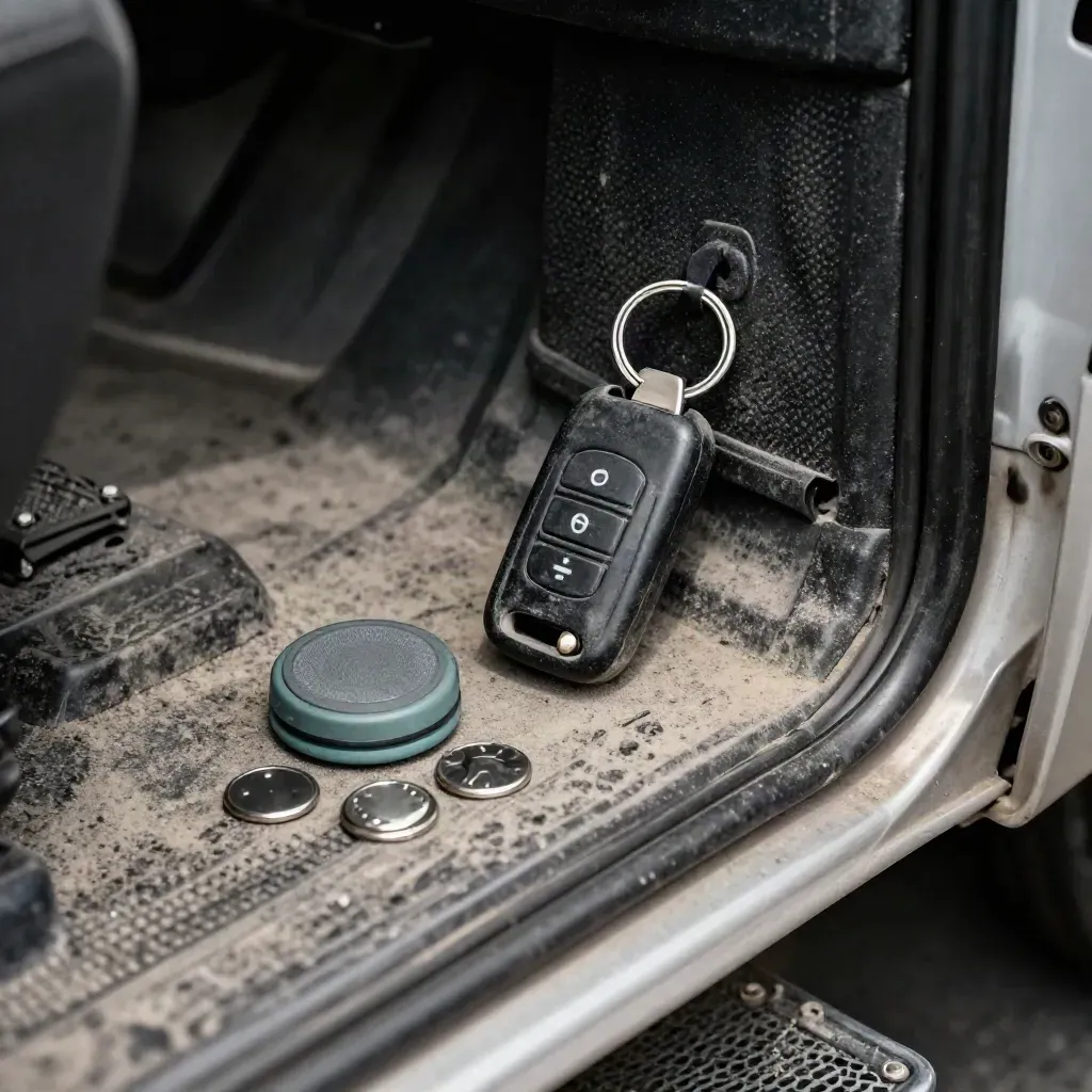 Trucksleutels, routebeacon en magneettokens achter veiligheidsgaas bij een cabinedeur.