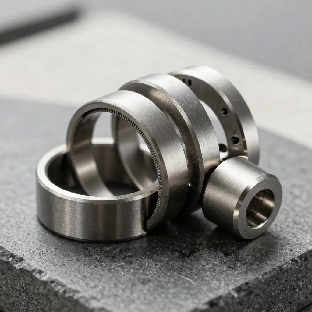 Machinale metalen ringen en een connectorblok op grafietsteen, van boven gefotografeerd.