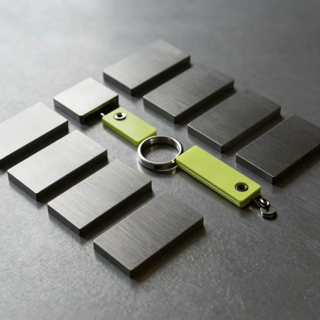 Bovenaanzicht van metalen connectoren en een lime ring op geborsteld staal.
